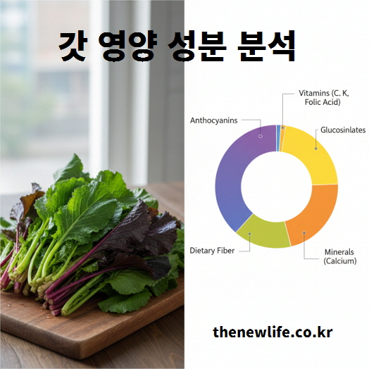 갓 영양 성분 분석 - 글루코시놀레이트, 비타민 C·K, 엽산, 식이섬유, 미네랄, 안토시아닌이 균형 있게 포함된 갓의 영양 구조 이미지