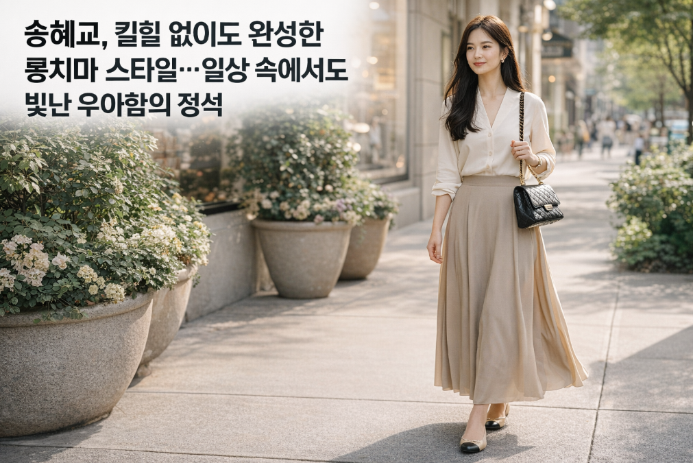 송혜교 롱치마 스타일, 킬힐 없이도 우아한 비결은?