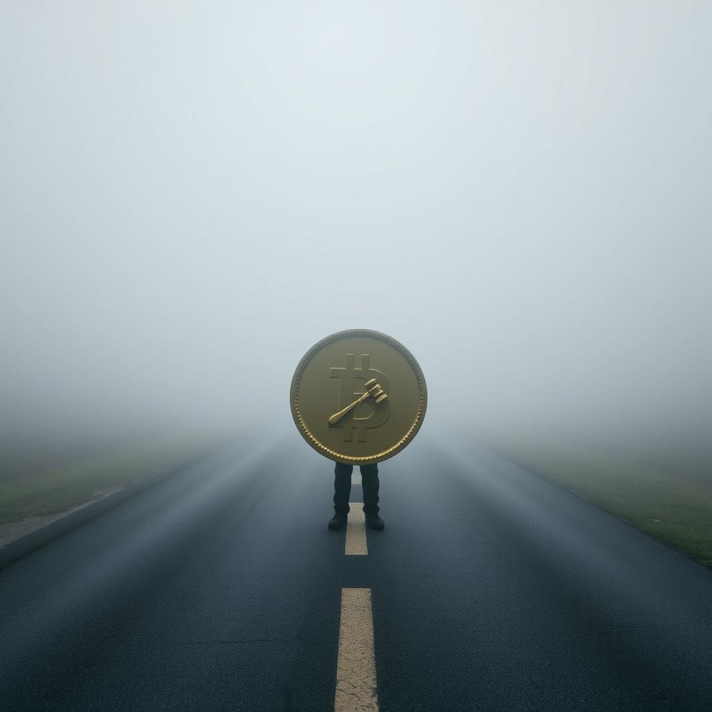 안개가 자욱하게 끼어 시야가 불분명하고 갈림길이 보이는 길 위에 스테이블 코인 아이콘이 서서 앞을 내다보는 모습을 묘사합니다. 안개 속에서 법률 문서, 판사봉(gavel), 또는 규제 관련 심볼들이 희미하게 보이는 연출을 더하여 규제의 불확실성과 탐색의 과정을 표현합니다. 전체적으로 약간 모호하고 미래 예측이 어려운 분위기를 나타냅니다.