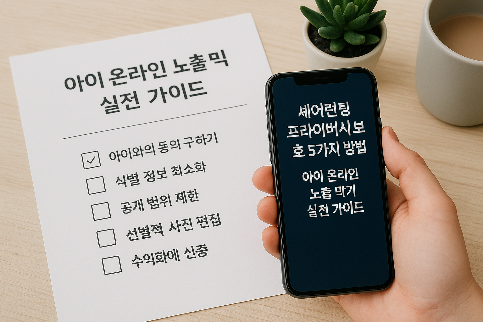 아이 온라인 노출 방지를 위한 체크리스트가 인쇄된 문서와 셰어런팅 프라이버시 보호 가이드가 표시된 스마트폰을 함께 보여주는 장면