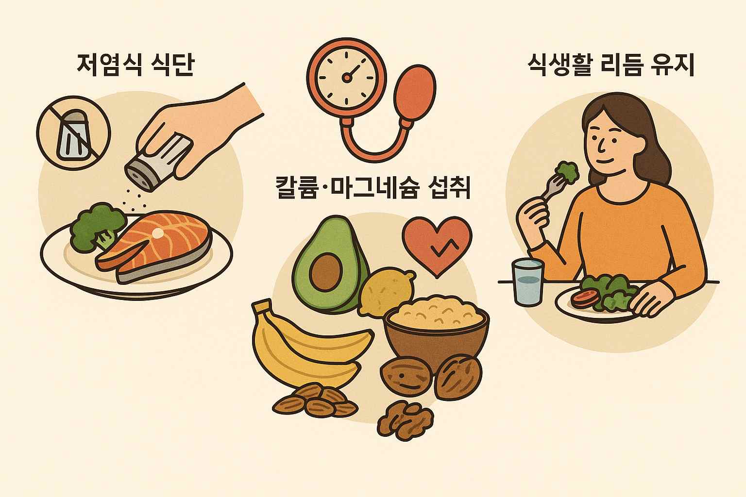 혈압 조절을 위한 저염식 식단, 칼륨과 마그네슘 섭취, 식생활 리듬 유지를 표현한 건강한 모습