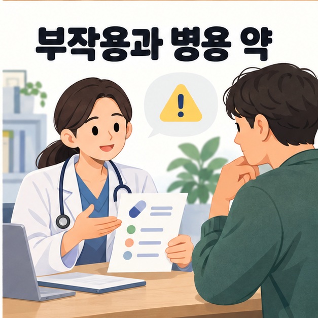 졸림과 병용 약물에 관한 주의사항을 의료진에게 상담하는 그림