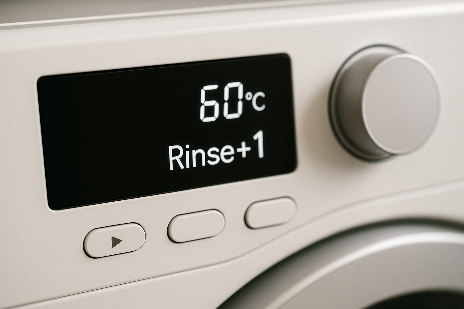 세탁기 디스플레이의 60℃와 Rinse+1(헹굼 1회 추가) 표시