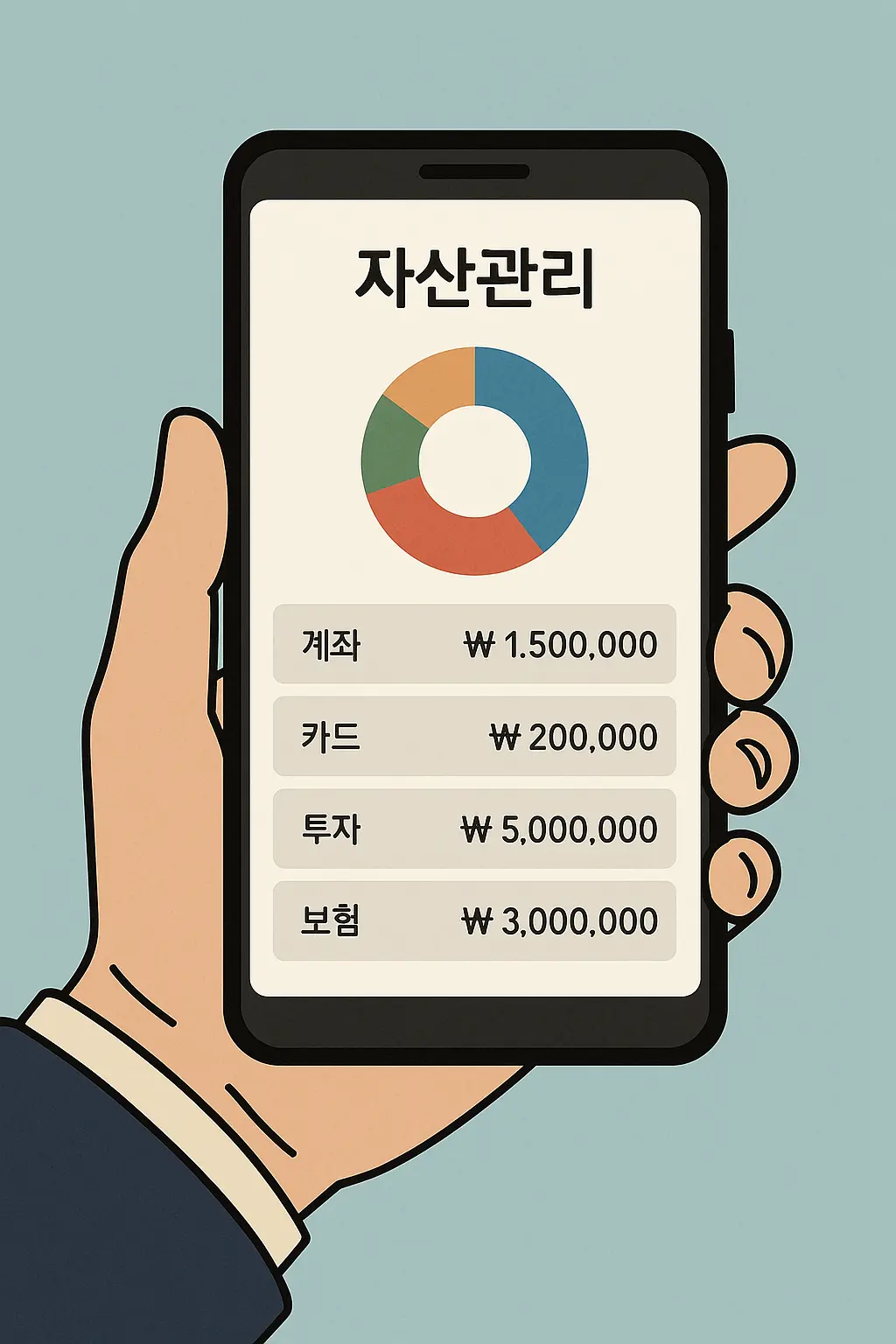 자산관리 앱 화면을 들여다보는 장면 – 계좌, 카드, 투자, 보험을 한눈에 보는 구조 강조