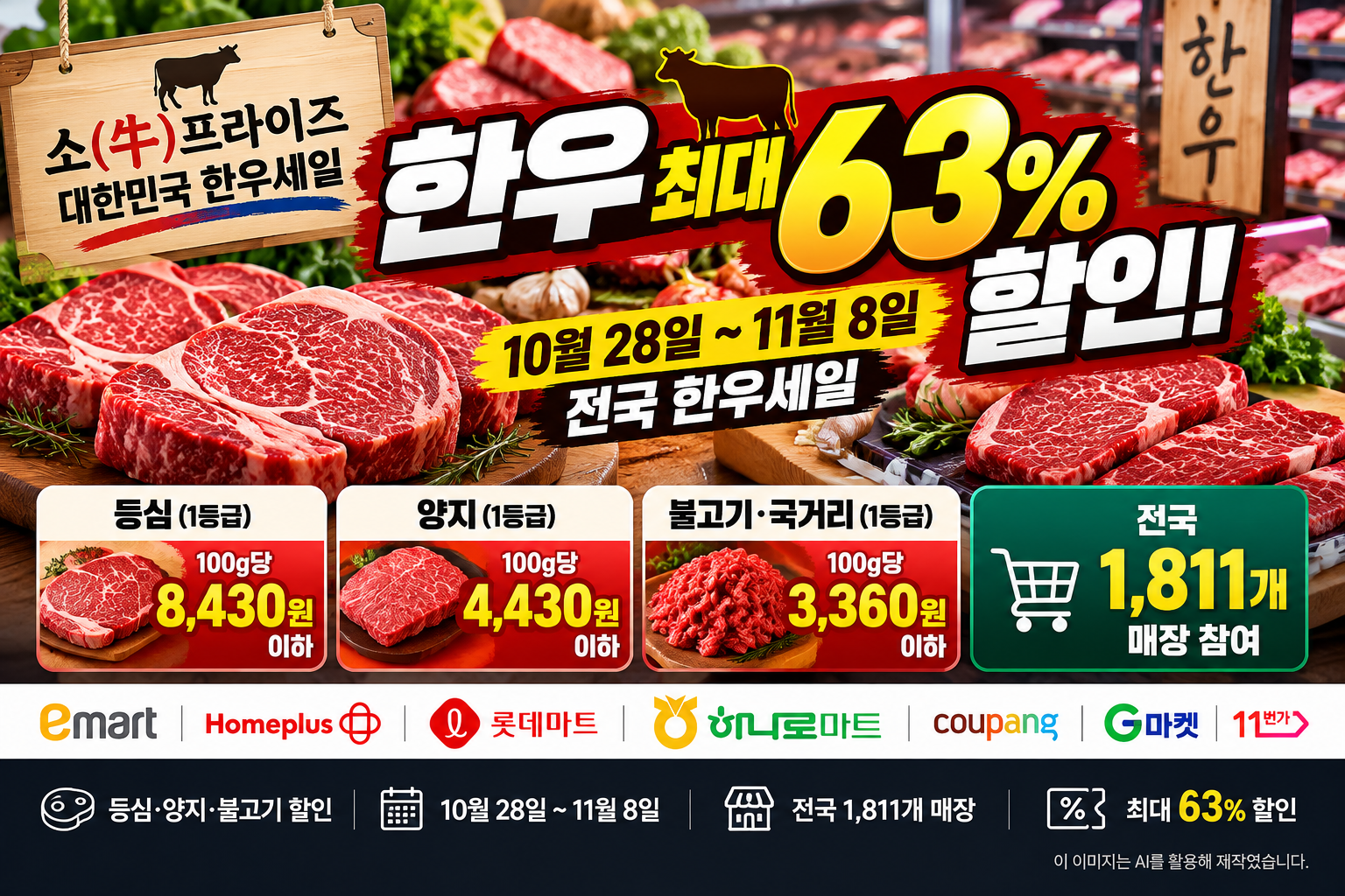2026년 10월 28일부터 11월 8일까지 진행되는 소프라이즈 대한민국 한우세일, 한우 최대 63% 할인과 전국 1,811개 매장 참여, 등심&middot;양지&middot;불고기 할인 정보를 나타낸 이미지
