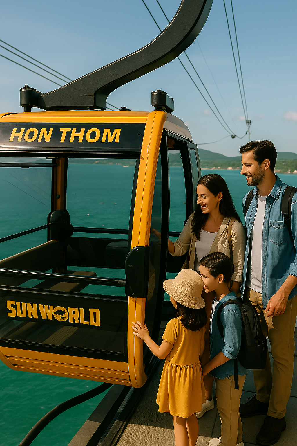 푸꾸옥 혼똠섬 케이블카 탑승장에서 바다를 배경으로 설레는 가족