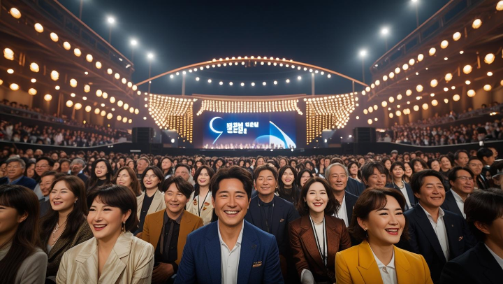 영화의전당 야외 극장에 수많은 관객들이 모여 부산국제영화제 개막식을 즐기고 있는 모습. 화려한 조명과 축제 분위기가 느껴진다.