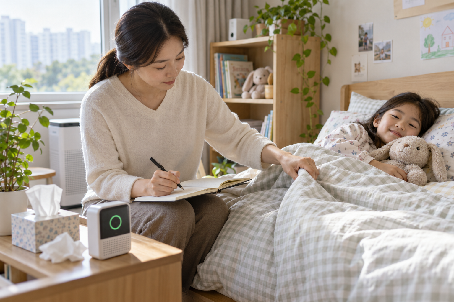 아이 알레르기 비염이 의심될 때, 증상일지와 진료 전 환경 점검 상황에서 부모와 아이가 필요한 정보를 확인하는 실제 생활 장면