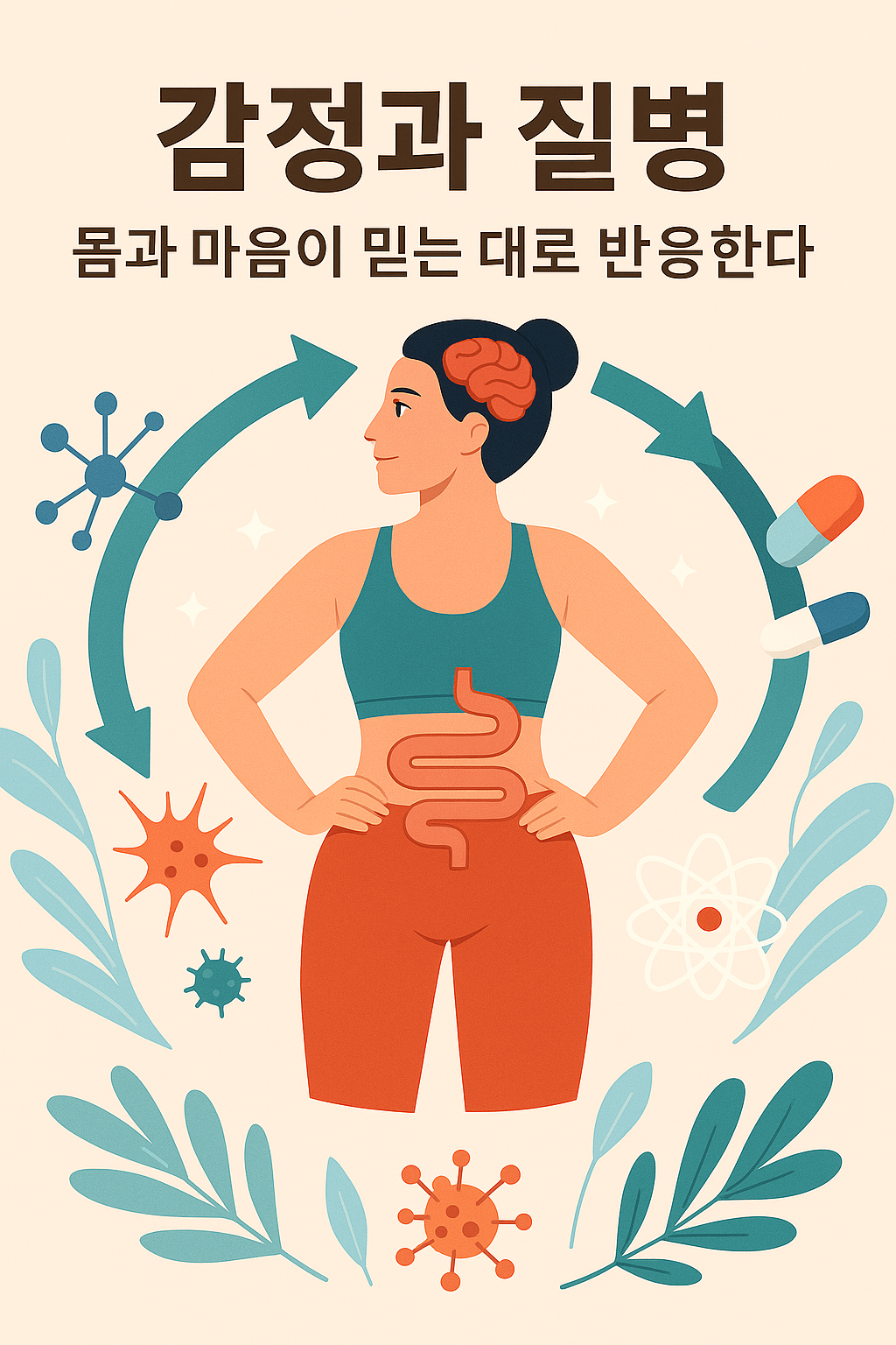 감정과 건강의 연결을 상징적으로 표현한 디지털 일러스트, 여성의 뇌와 장 사이를 흐르는 화살표와 면역 및 과학 요소들이 포함됨