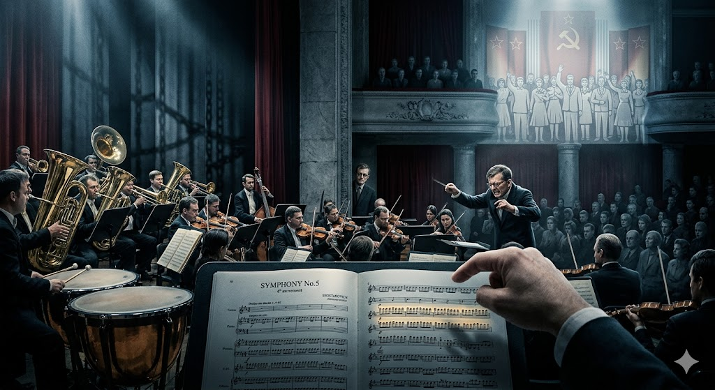 교향곡을 연주하는 악단과 지휘자