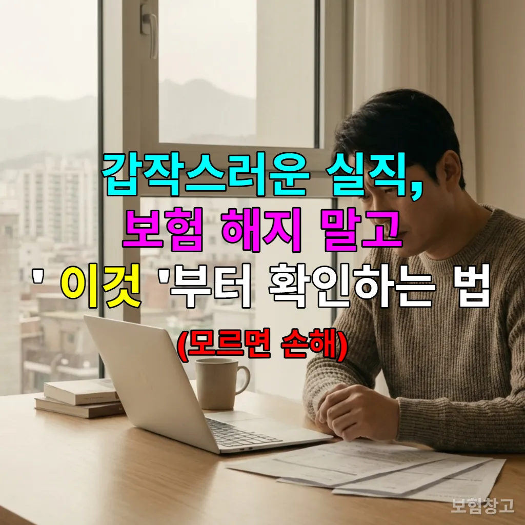 실직 후 책상에 앉아 보험 서류와 노트북을 보며 고민하는 한국 남성의 모습