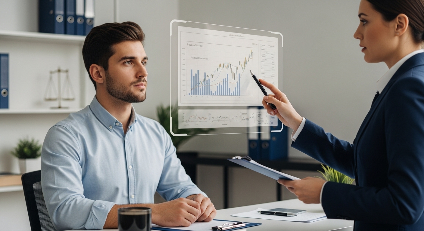 젊은 창업가가 투명 스크린의 복잡한 재무 차트를 보며 세무사와 법률 상담을 받는 모습.