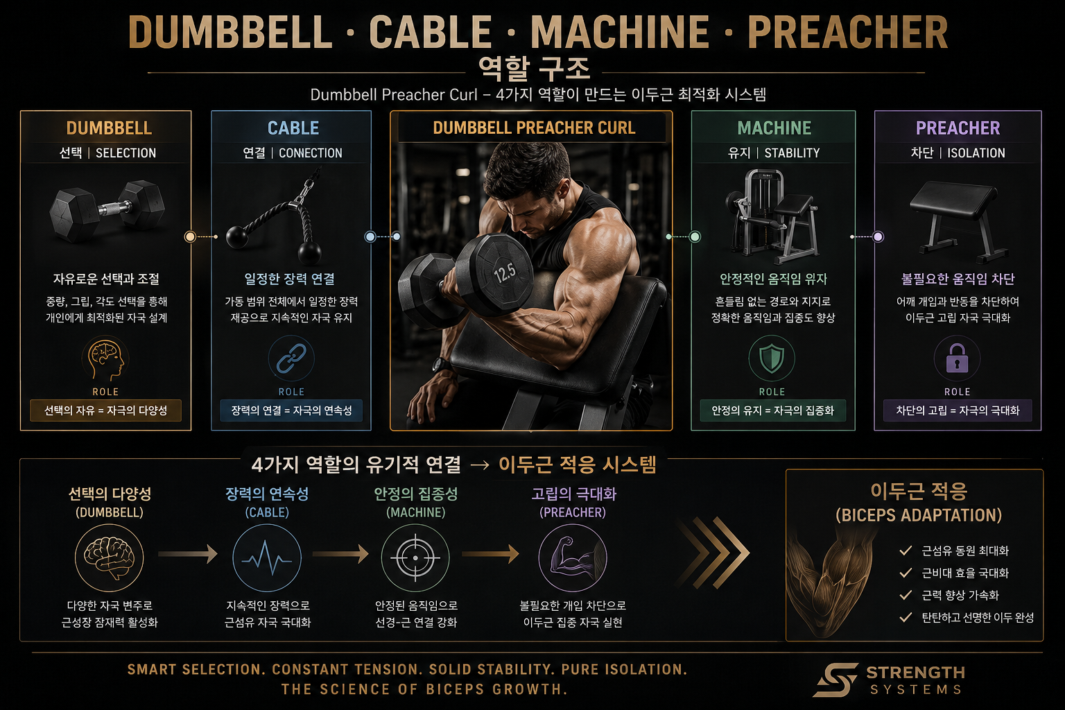 Dumbbell · Cable · Machine · Preacher 역할 구조