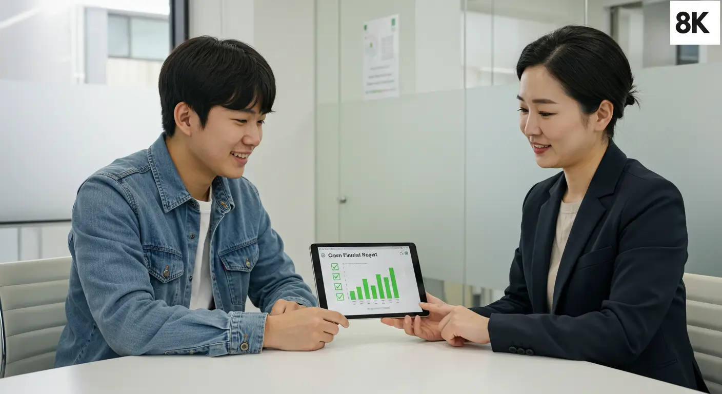 전문가와 재무 상담 후, 건강해진 자신의 신용 보고서를 보며 만족하는 한국인 청년