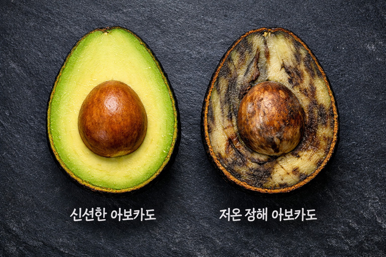 정상적으로 잘 익은 깨끗한 아보카도 단면과 유통 과정에서 냉해를 입어 갈색 심줄이 생긴 아보카도 단면을 비교한 사진