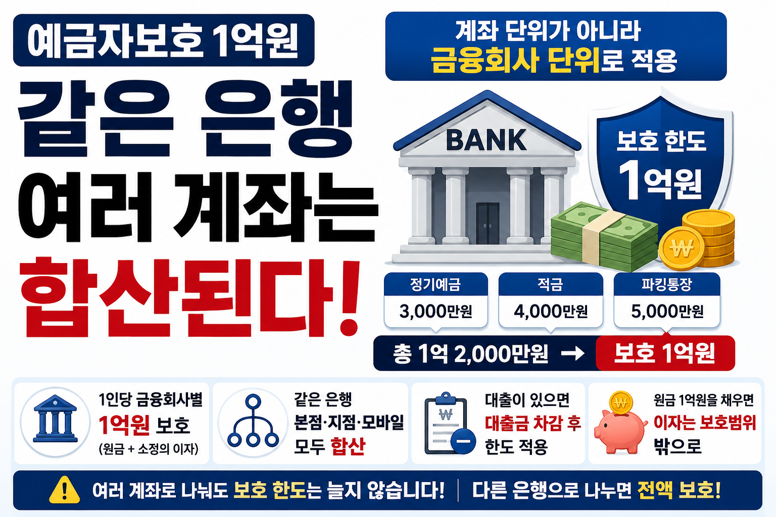 예금자보호 1억원, 같은 은행 여러 계좌는 합산된다