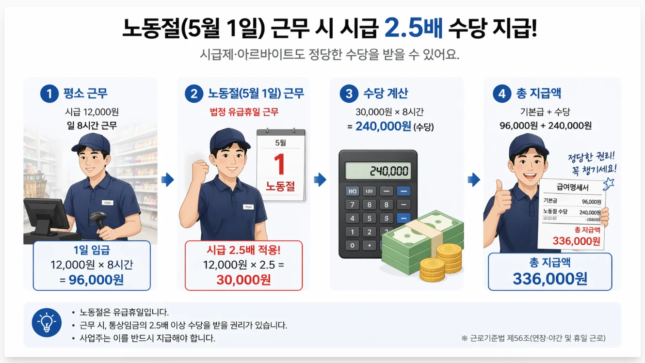 시급제 및 아르바이트 근로자가 노동절에 2.5배의 수당을 받는 과정