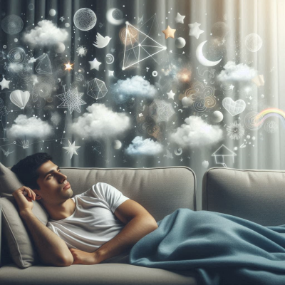 남자가 소파에 누워 다양한 하트와 구름이 떠오르는 꿈을 꾸는 모습