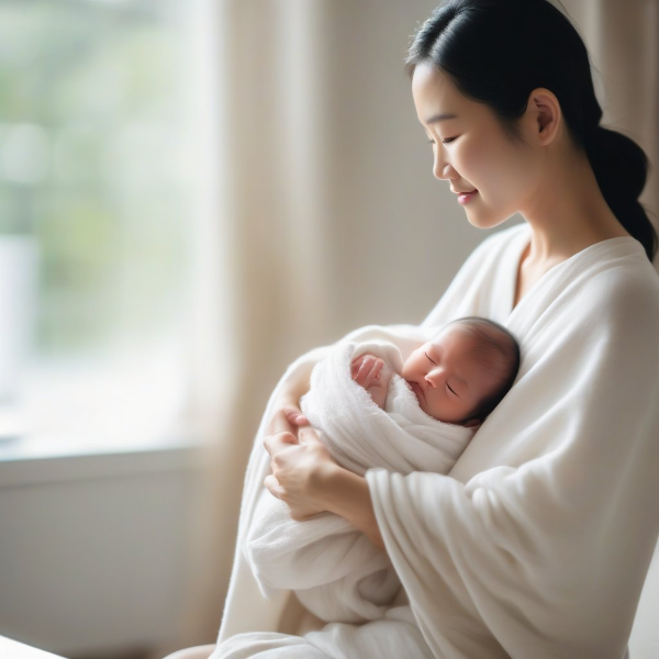 1. 햇살이 들어오는 거실에서 부드러운 흰 담요에 감싼 신생아를 안고 있는 한국인 어머니, 따뜻하고 평화로운 분위기의 실사 사진