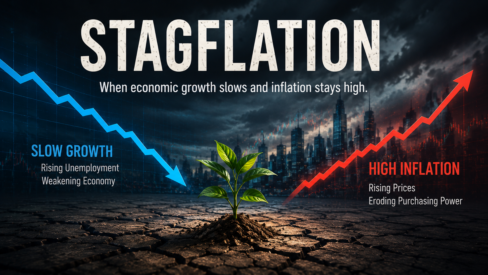 Stagflation concept showing slow economic growth, rising inflation, a declining economy, and increasing consumer prices.
