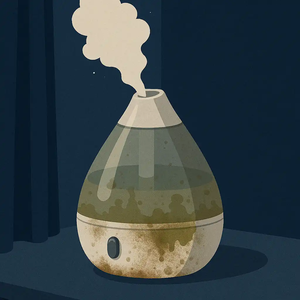 물때와 곰팡이가 낀 더러운 가습기에서 수증기가 올라오는 모습의 일러스트 이미지