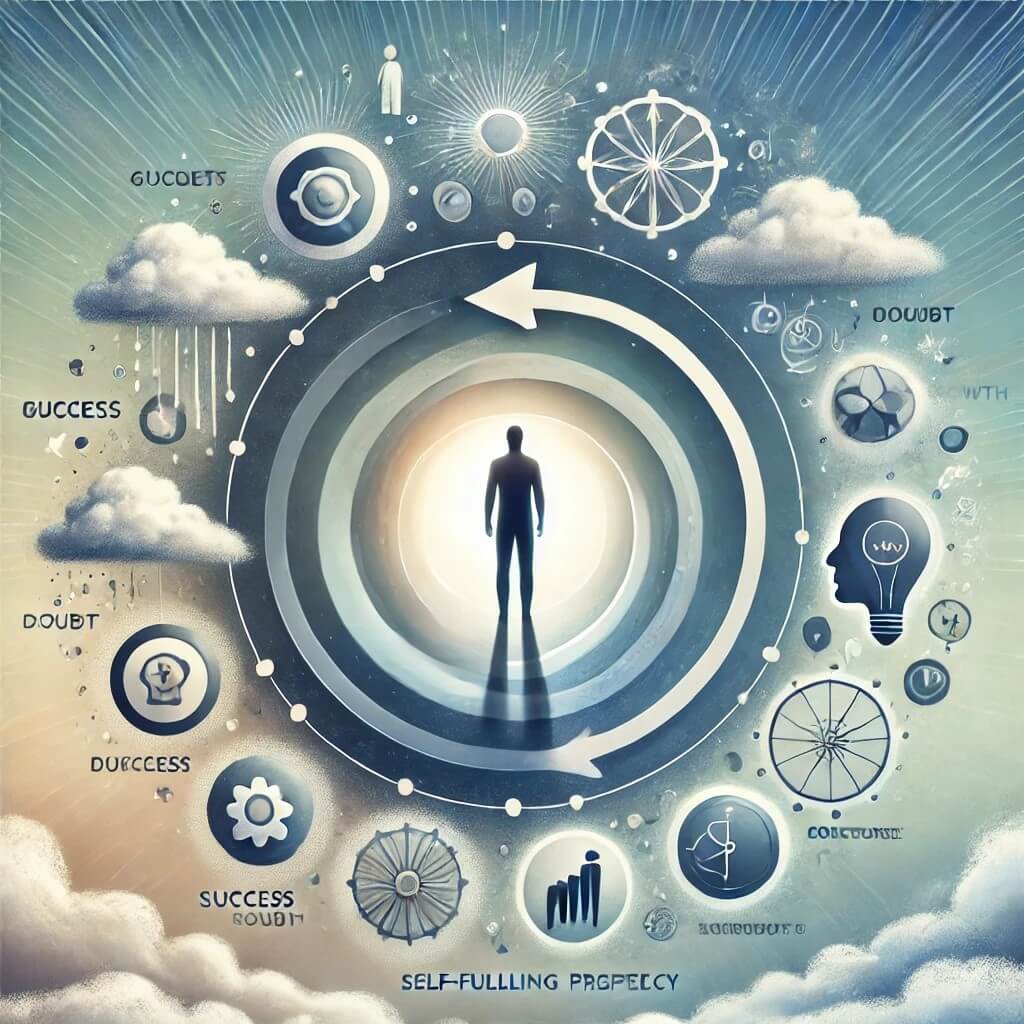 결과에 영향을 미치는 기대의 순환 묘사를 통해 자기 충족적 예언의 개념을 시각화