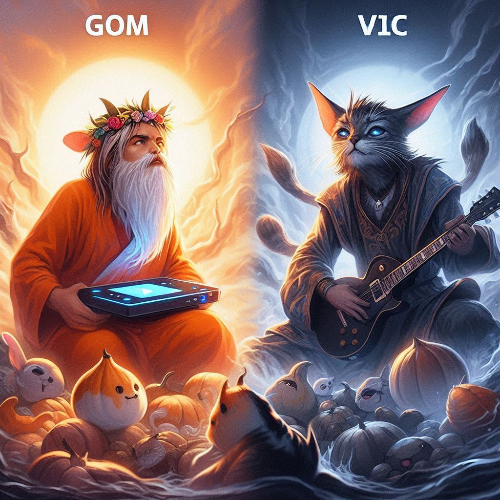 곰플레이어(GOM)와 VLC 플레이어가 각각 다른 신적 존재로 묘사된 대결 장면