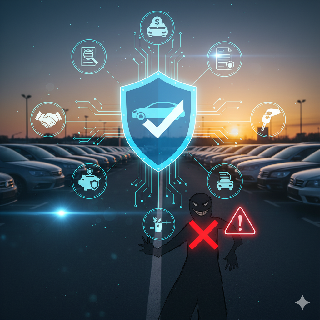 중고차 구매 시 허위매물, 강매 등 위험 요소를 경고하는 보안 체크 이미지 - 사기꾼 캐릭터 포함 시각자료