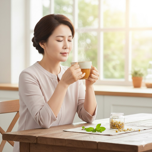 따뜻한 차를 마시는 모습