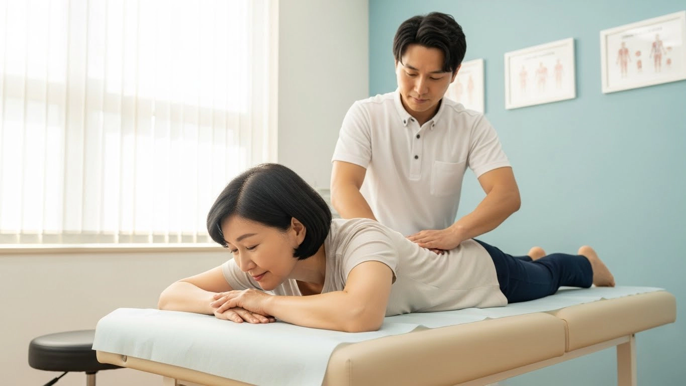 도수치료 받는 중년 여성의 모습