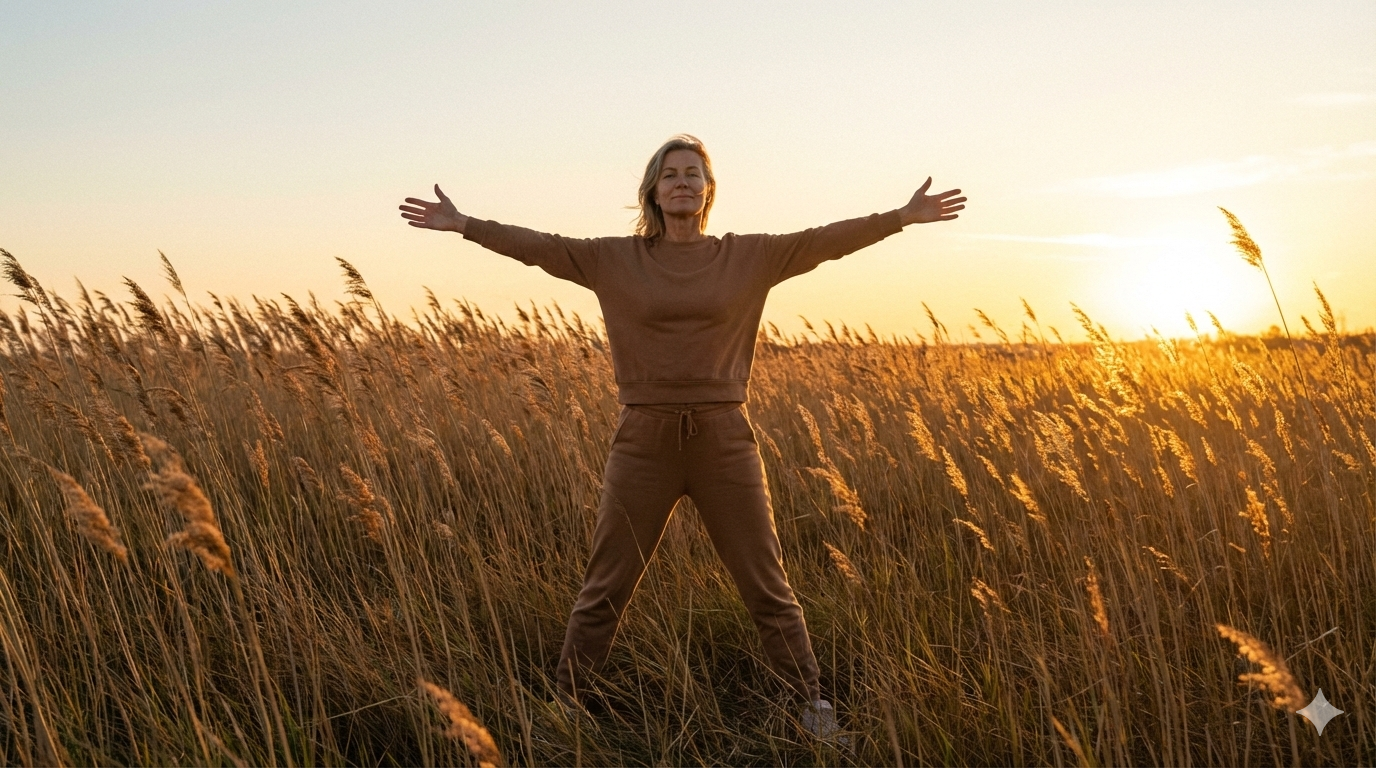 황금빛으로 물든 가을 갈대밭입니다. 여성이 두 팔을 넓게 벌리고 바람을 맞으며 서 있습니다.