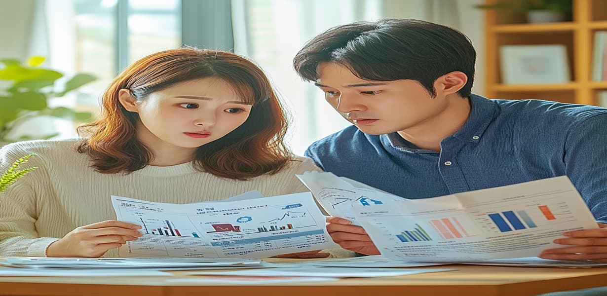 한국 부부가 집값 하락 상황에서 아파트 매물 정보 검토 중