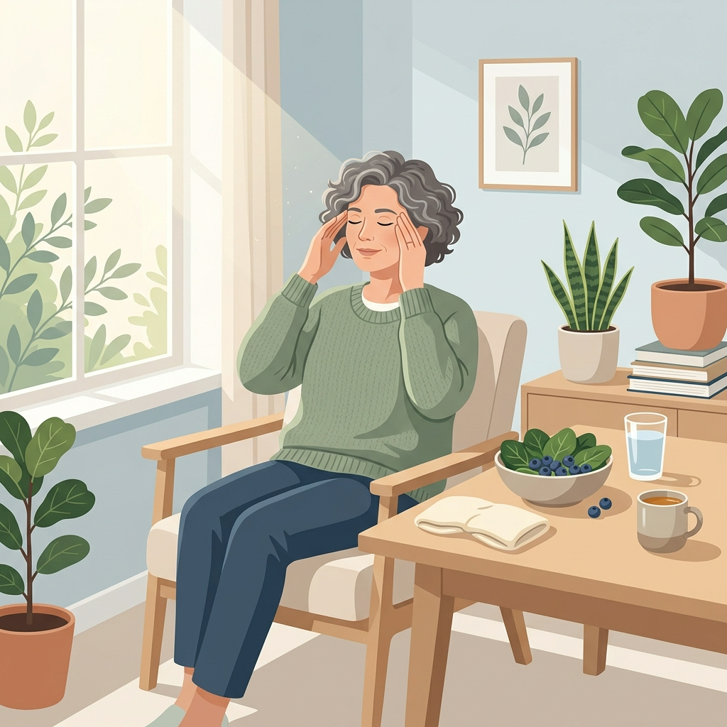 50대 여성이 눈 운동과 건강한 식습관으로 눈 건강을 관리하는 모습