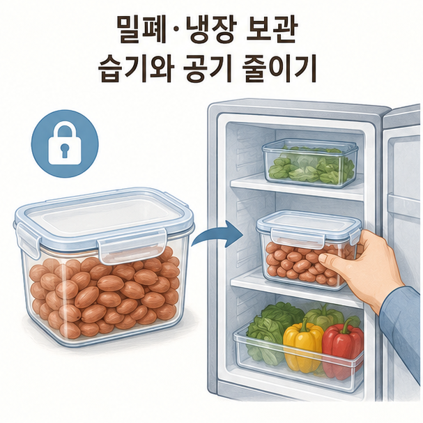생땅콩을 밀폐용기에 넣어 냉장 보관하고 습기와 공기를 줄이는 방법