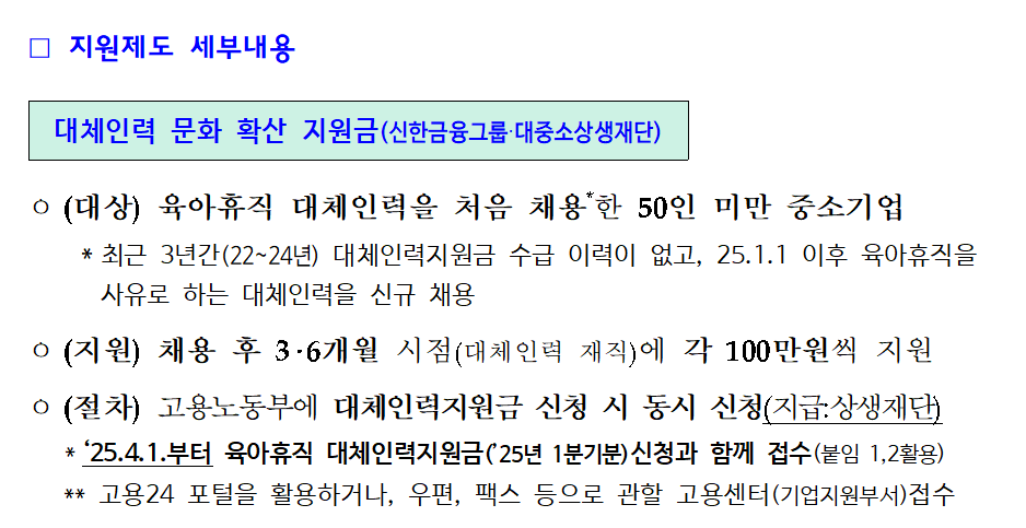 대체인력 문화확산 지원금 - 대상 기업 / 지원 내용 / 신청 방법 및 절차