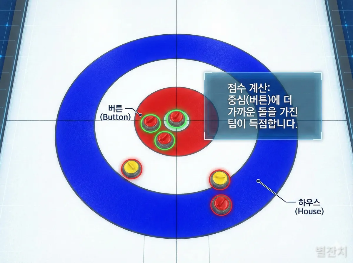 컬링 하우스 안에 배치된 스톤들과 점수 계산 방식을 설명하는 그래픽 이미지