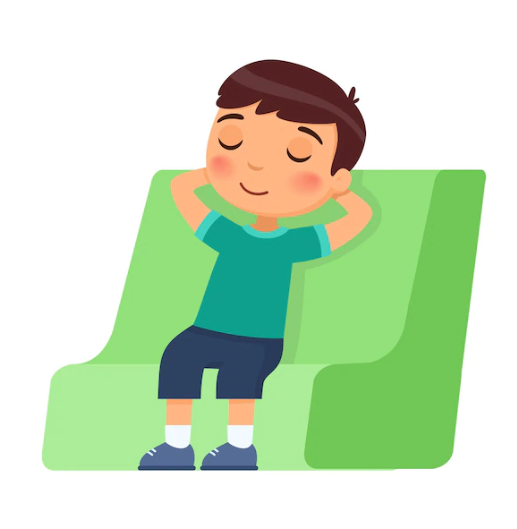 초록색 쇼파위에서 휴식을 취하고 있는 남자아이 캐릭터