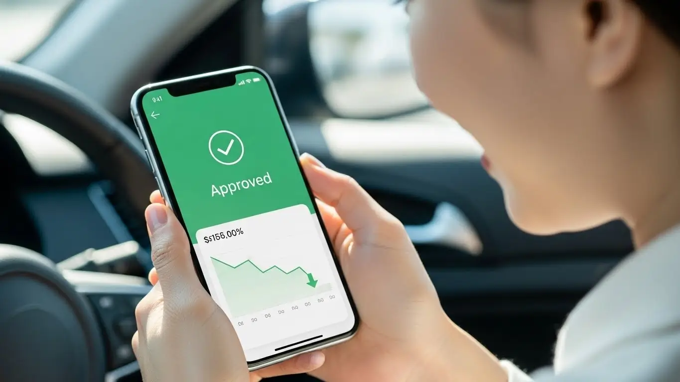 스마트폰 앱을 통해 중고차 대출 갈아타기에 성공하고 줄어든 월 납입금을 확인하며 기뻐하는 모습