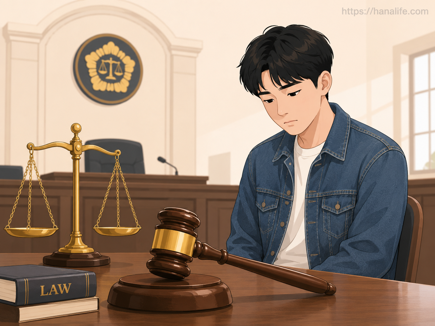 법원의 저울과 의사봉, 그리고 무거운 분위기의 법정 복도 일러스트