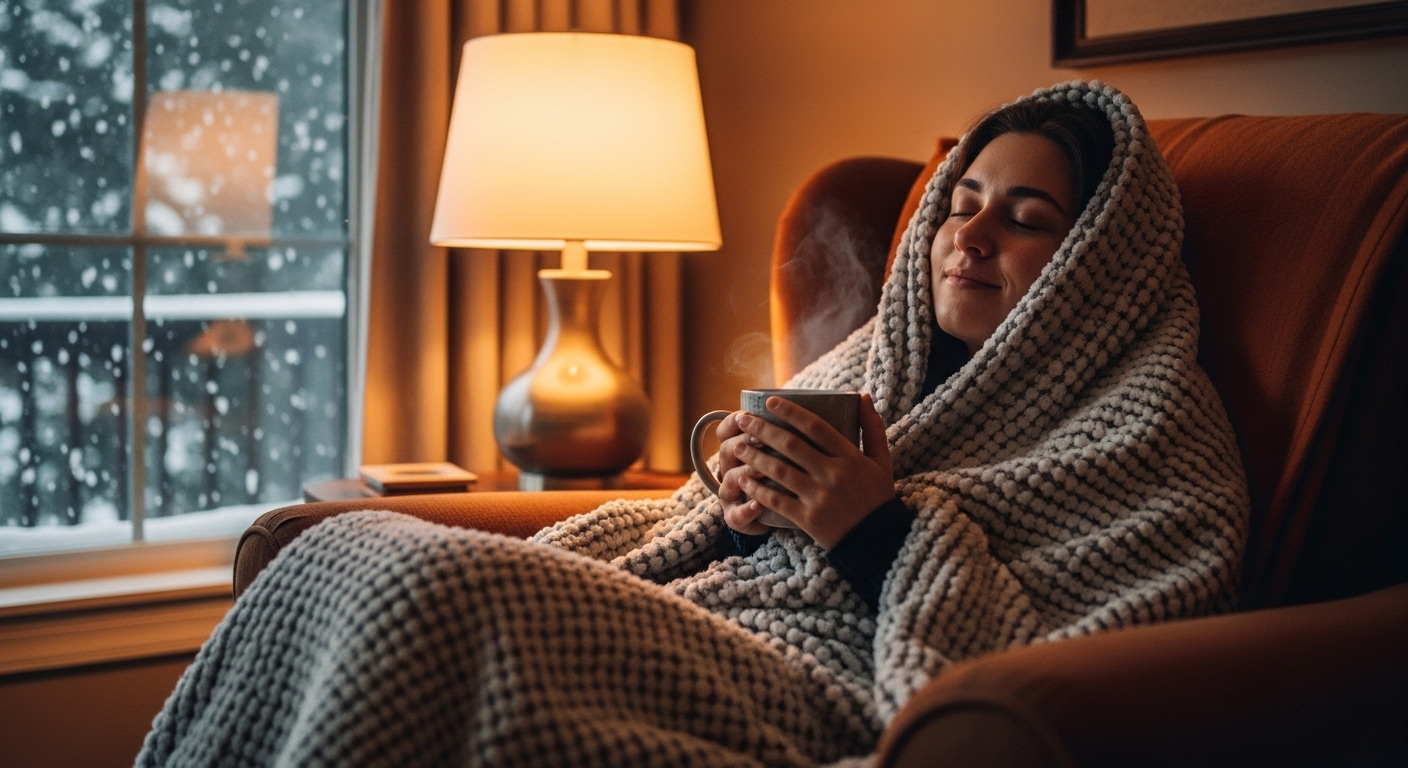 따뜻한 담요를 덮고 차를 마시며 편안하게 쉬는 사람의 모습, 창밖에는 눈이 내리는 아늑한 겨울 풍경