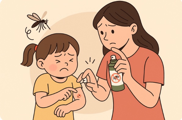 엄마가 모기기피제를 망설이며 들고 있는 모습