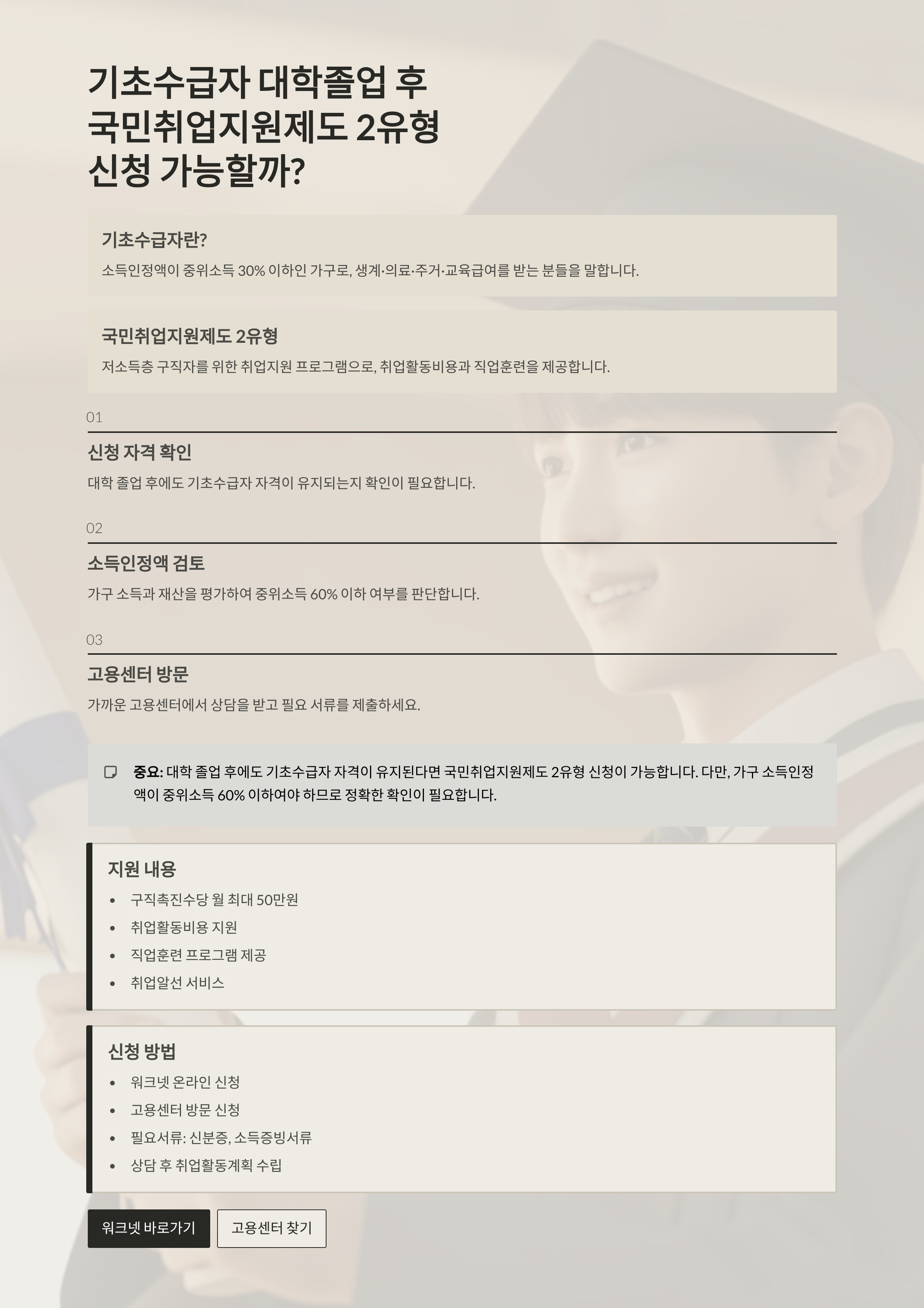 기초수급자 대학졸업 후 국민취업지원제도 2유형 신청 가능할까?