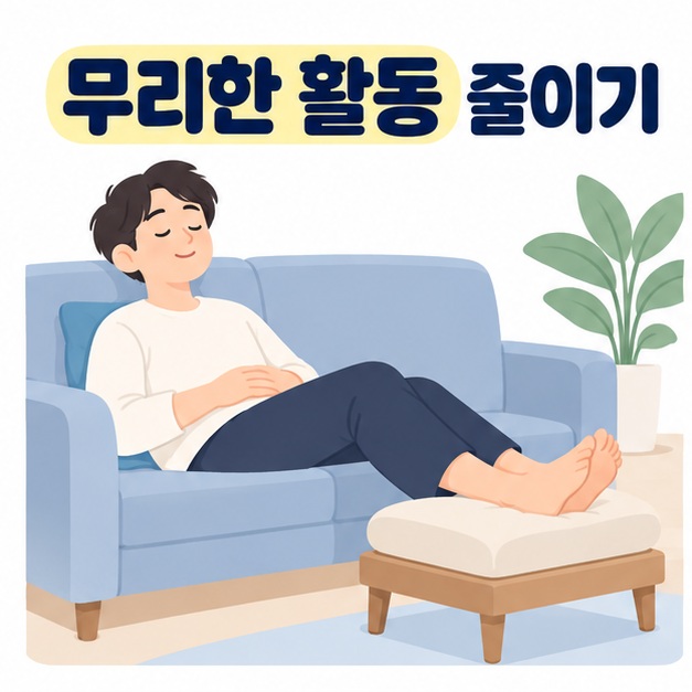 무리한 활동 줄이기 문구 아래 남성이 소파에 앉아 쿠션이 놓인 발받침에 발을 올리고 쉬는 그림