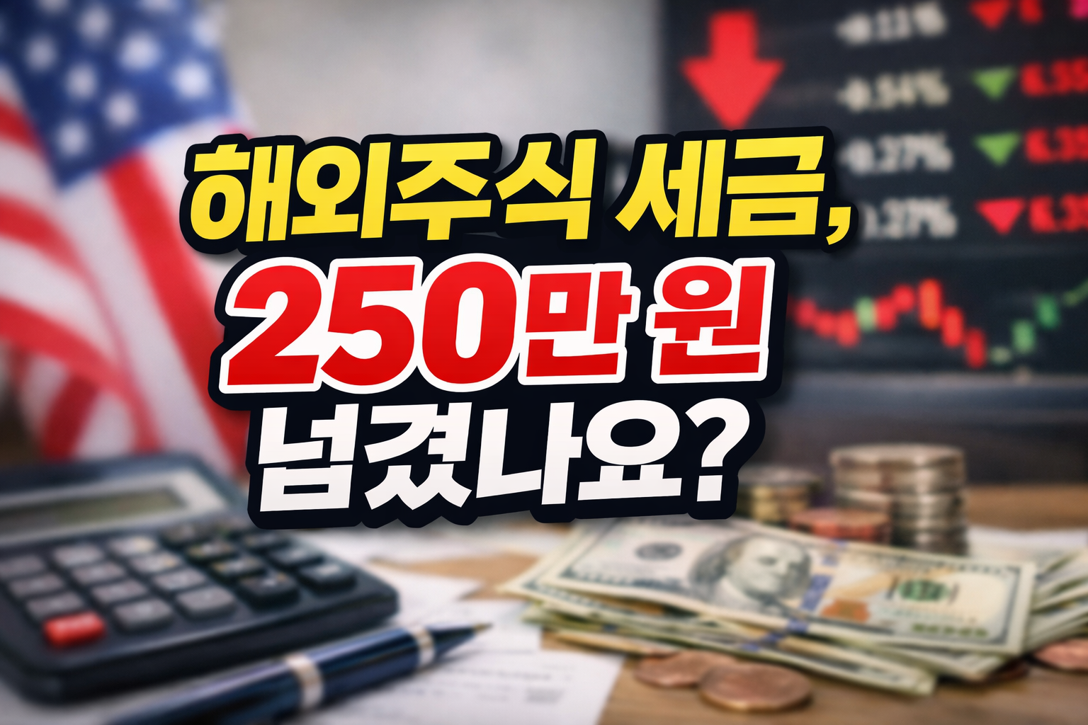 해외주식 세금 250만 원 공제와 신고 여부를 정리한 썸네일, 미국 국기와 주가 차트 배경, 달러 지폐와 계산기 이미지