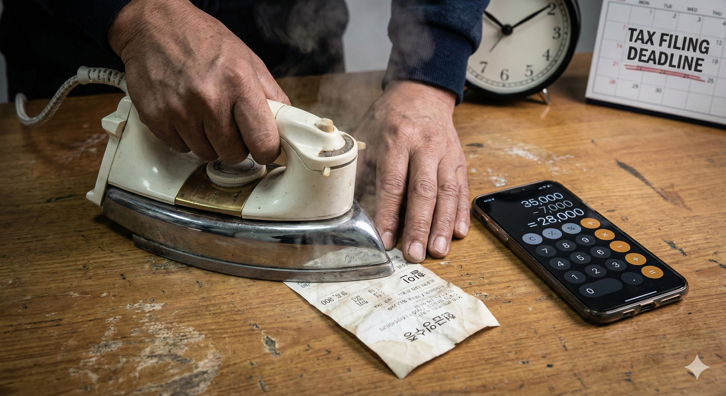 구겨진 영수증을 다리미로 펴며 계산기를 두드리는 긴박한 모습