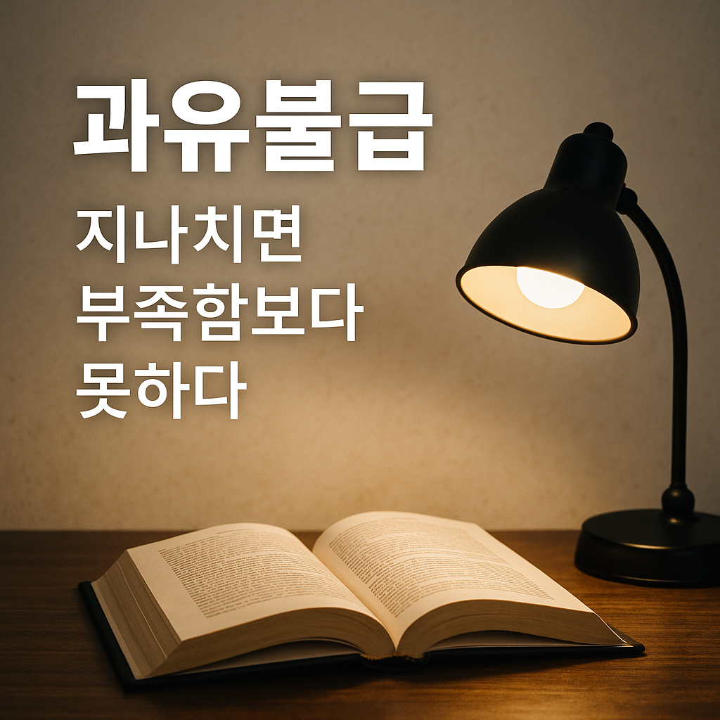 과유불급 썸네일 이미지, '과유불급 지나치면 부족함보다 못하다'라는 한글 문구와 책상 위 연구소 분위기의 배경
