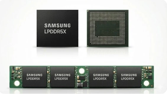 삼성전자 LPDDR5X D램 단품 칩과 LPDDR5X 칩 4개가 탑재된 SOCAMM2 메모리 모듈의 외형 비교 이미지