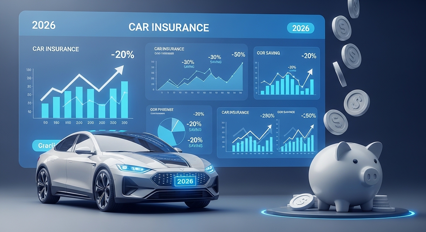 2026년 자동차 보험료를 비교하여 절약하는 모습을 시각적으로 표현한 이미지. 다양한 보험사 로고와 절약률이 표시된 디지털 화면 앞에 세련된 자동차가 주차되어 있고, 돈이 저금통에 모이는 모습이 강조되어 있습니다.