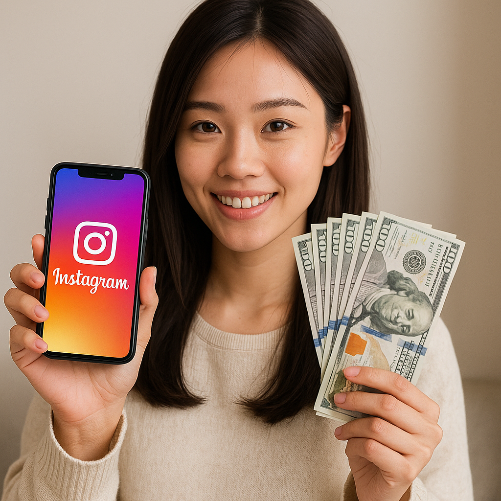 스마트폰 인스타그램과 돈을 들고 있는 여자