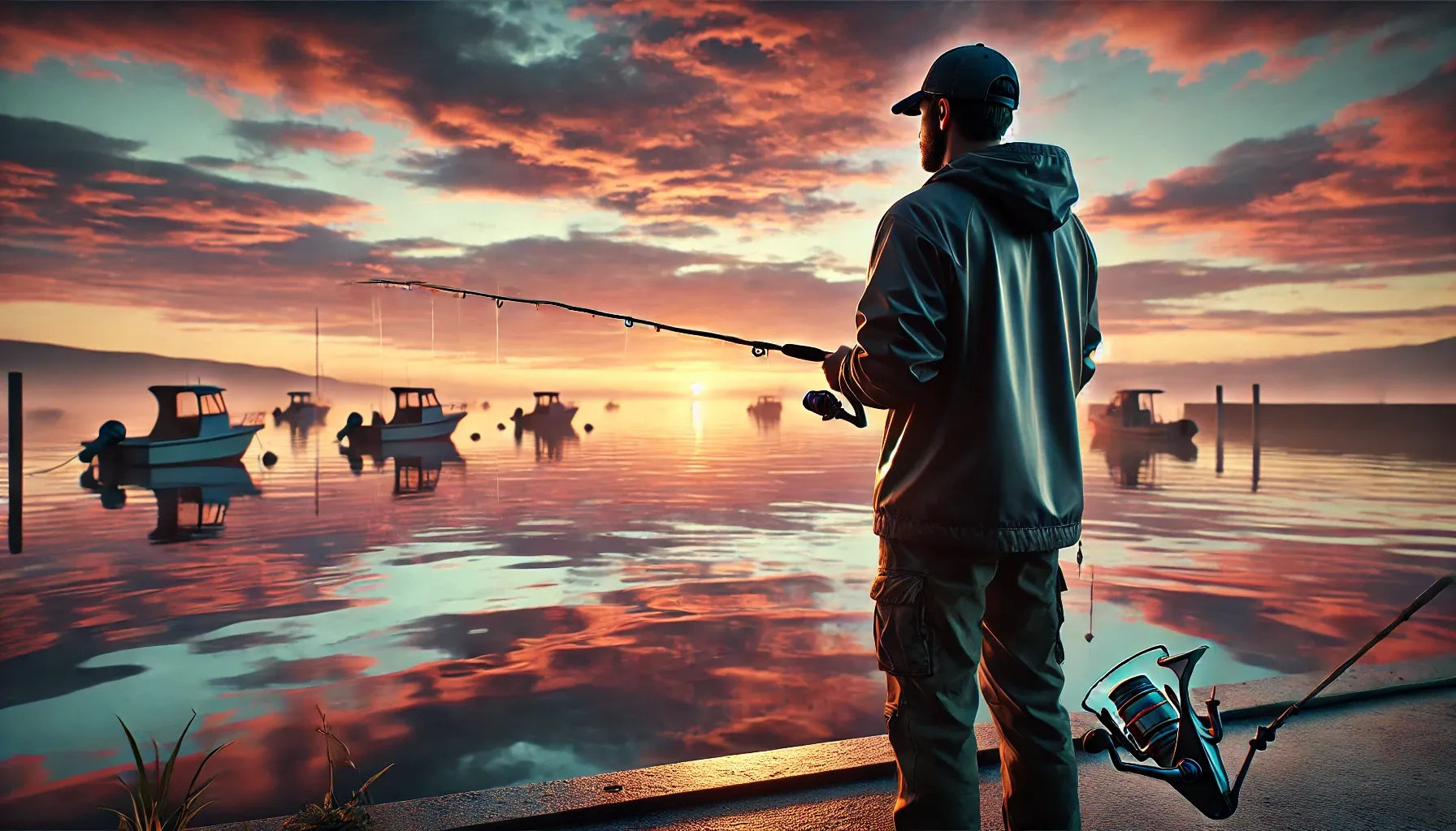 해돋이 시간 부두에서 낚시하는 어부